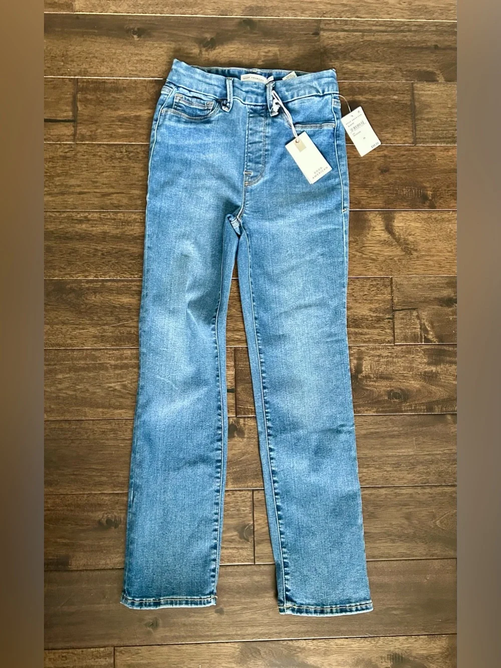 NWT Good American Pull-On Straight Jeans XS Light Wash Stretch Denim - Picture 2 of 6